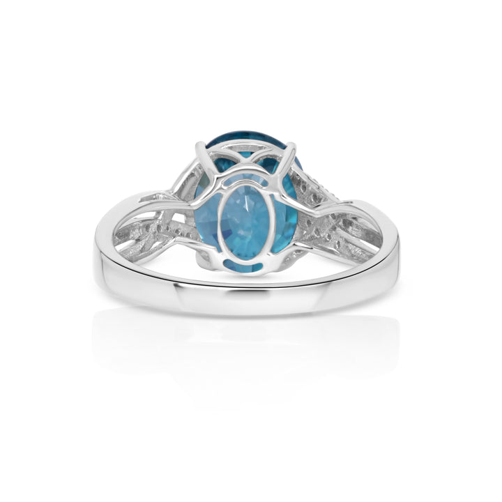 6.49 Cts Blue Zircon and White Diamond Ring in 14K White Gold