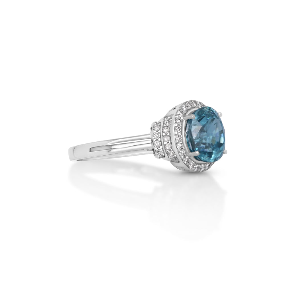 4.16 Cts Blue Zircon and White Diamond Ring in 14K White Gold