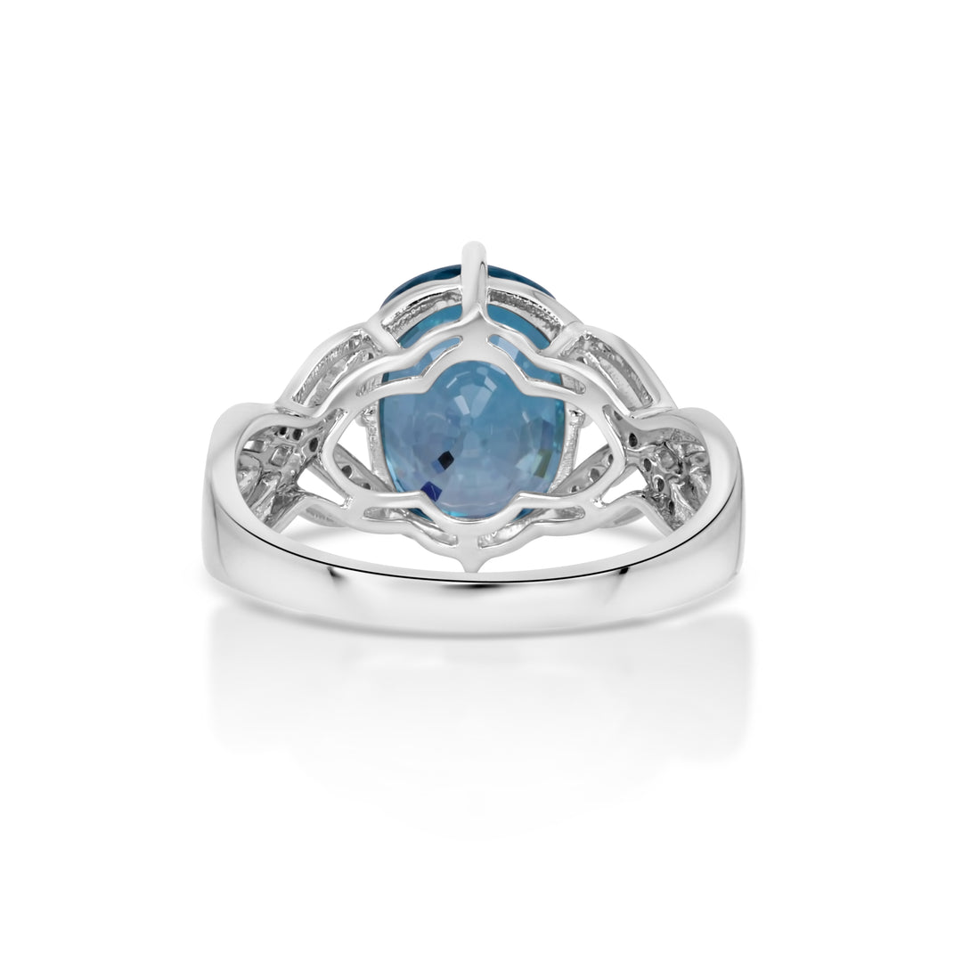 6.76 Cts Blue Zircon and White Diamond Ring in 14K White Gold