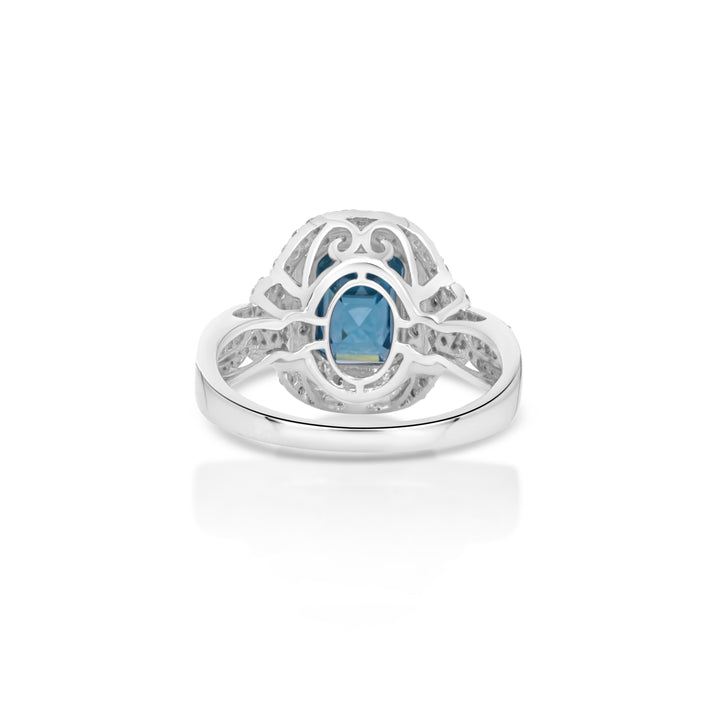6.08 Cts Blue Zircon and White Diamond Ring in 14K White Gold