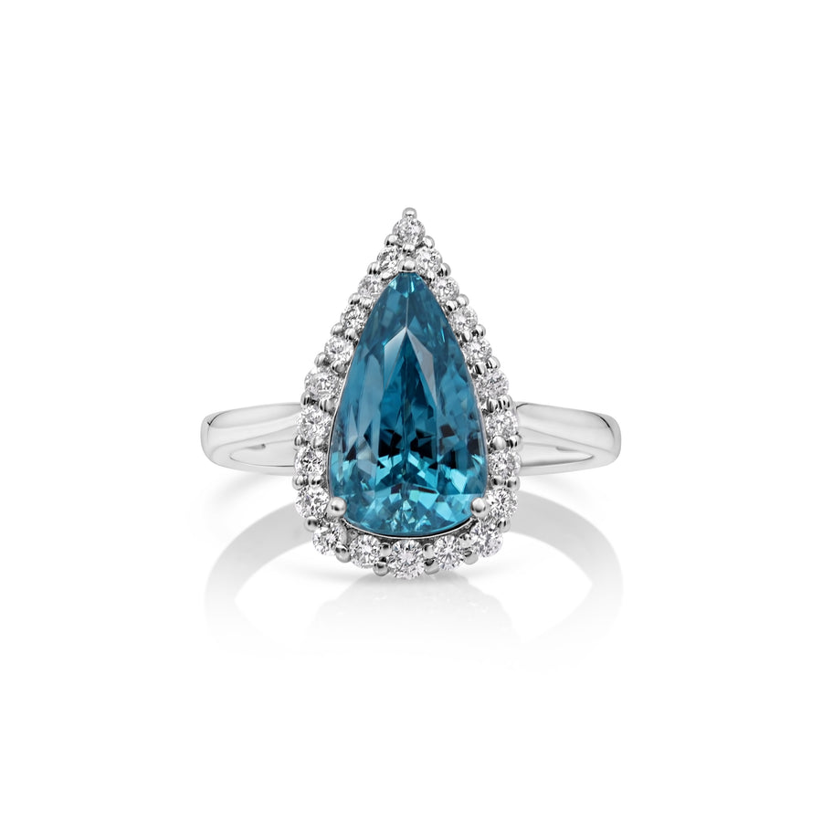 7.31 Cts Blue Zircon and White Diamond Ring in 14K White Gold