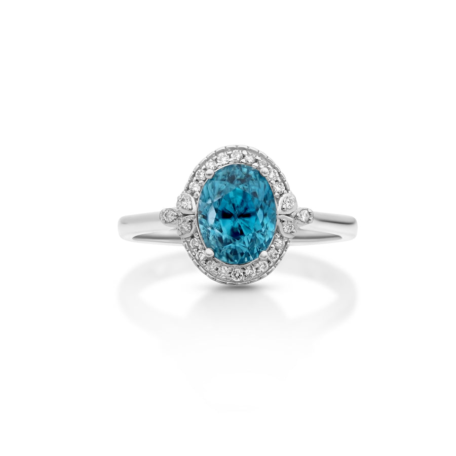 3.85 Cts Blue Zircon and White Diamond Ring in 14K White Gold