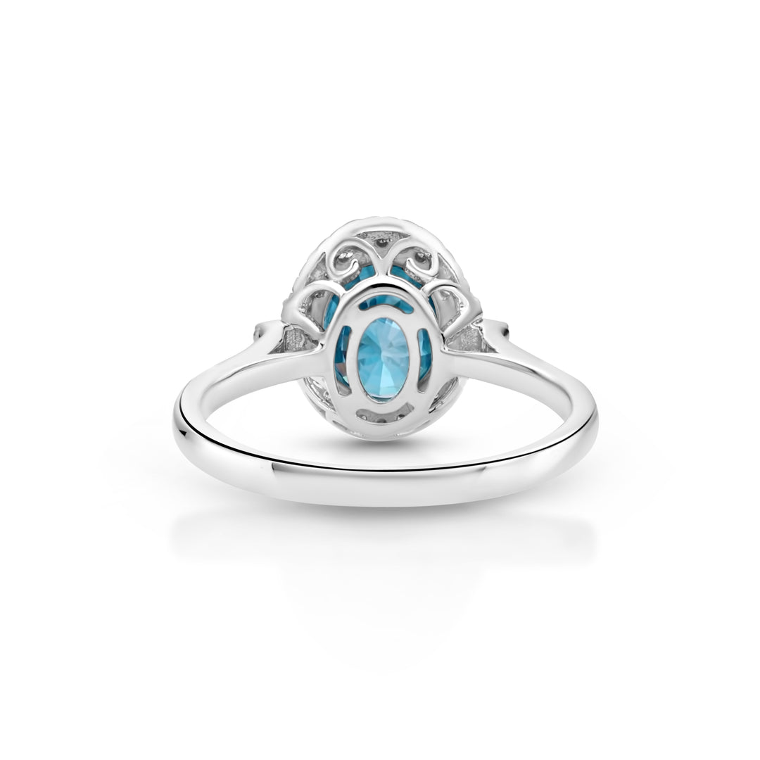 3.85 Cts Blue Zircon and White Diamond Ring in 14K White Gold