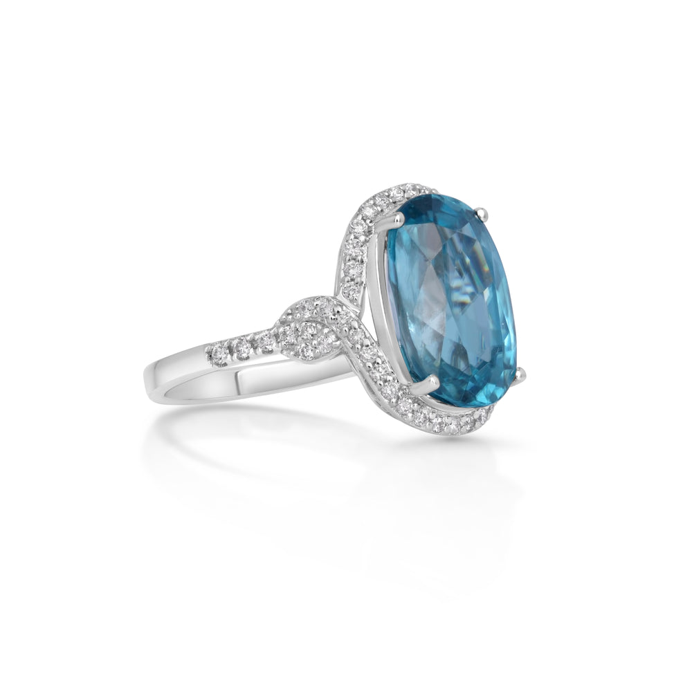 9.8 Cts Blue Zircon and White Diamond Ring in 14K White Gold