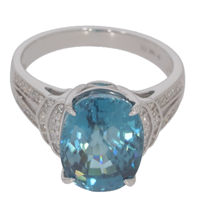 9.98 Cts Blue Zircon and White Diamond Ring in 14K White Gold