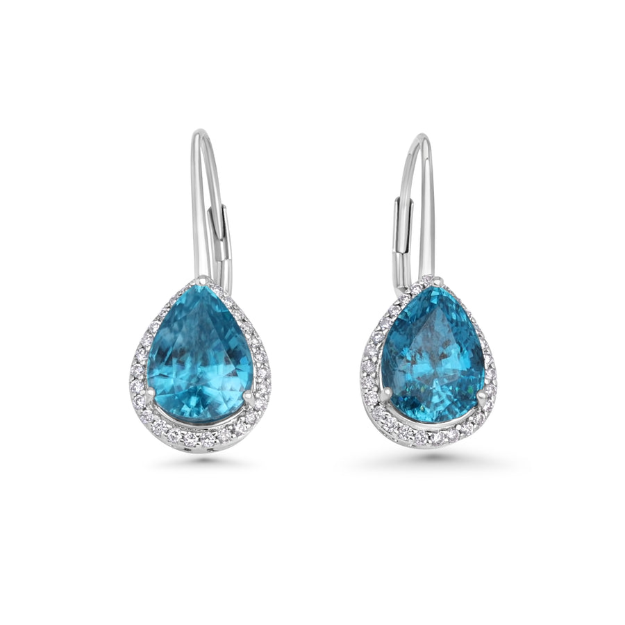 11 Cts Blue Zircon and White Diamond Earring in 14K White Gold