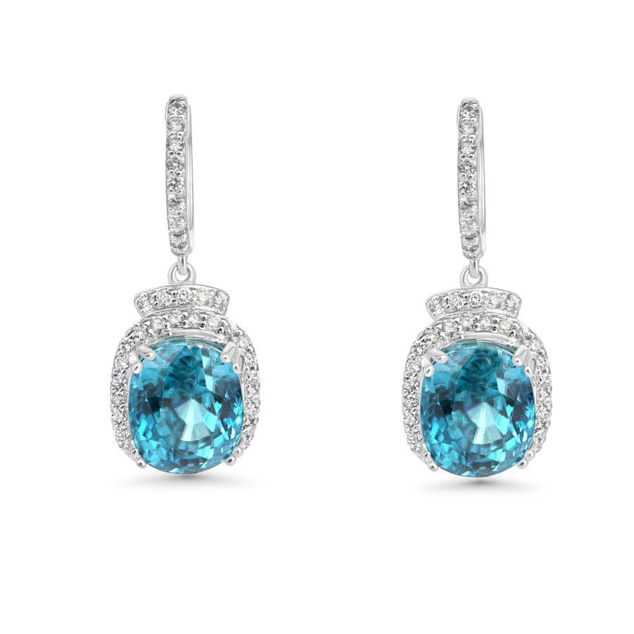 9.21 Cts Blue Zircon and White Diamond Earring in 14K White Gold