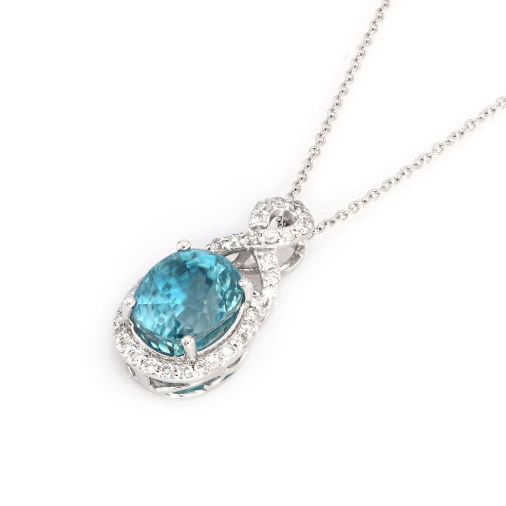 4.09 Cts Blue Zircon and White Diamond Pendant in 14K White Gold