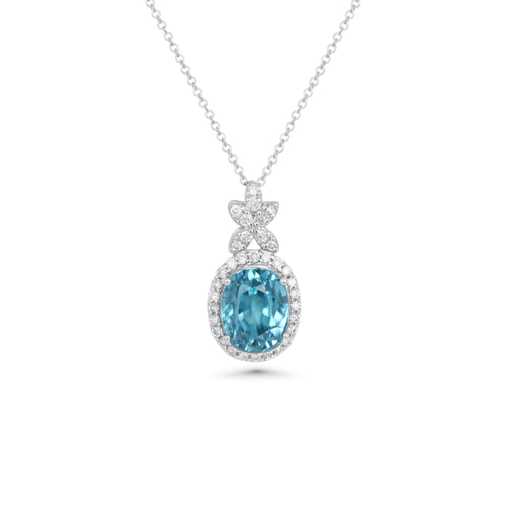 4.76 Cts Blue Zircon and White Diamond Pendant in 14K White Gold