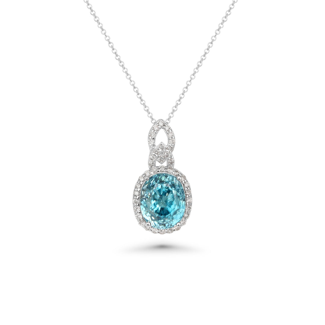 6.01 Cts Blue Zircon and White Diamond Pendant in 14K White Gold