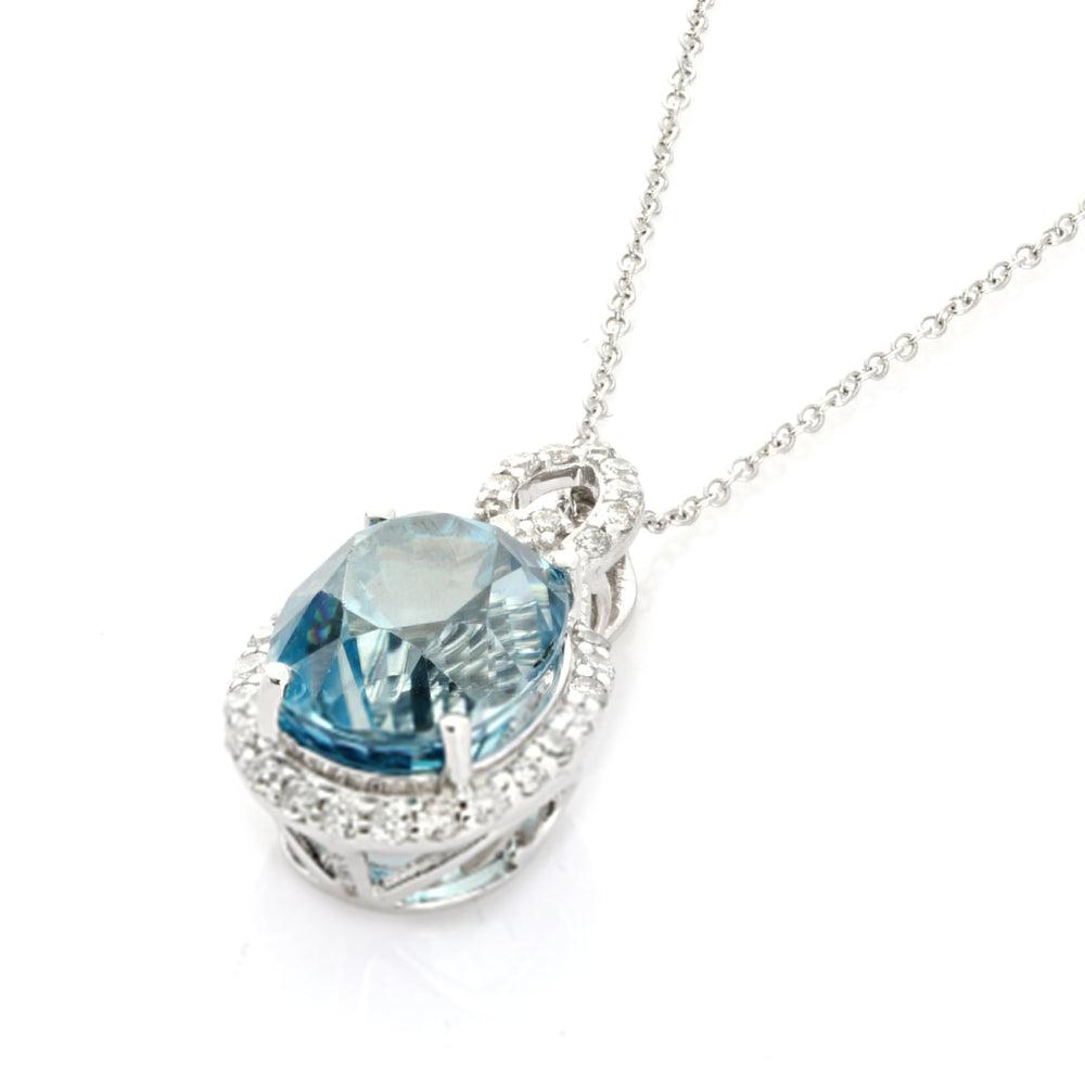 6.01 Cts Blue Zircon and White Diamond Pendant in 14K White Gold