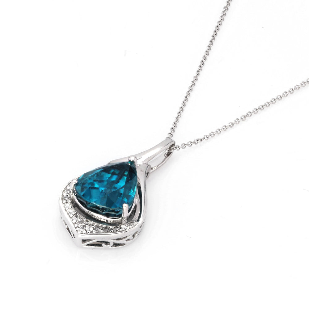 7.05 Cts Blue Zircon and White Diamond Pendant in 14K White Gold
