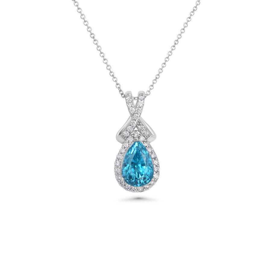 2.95 Cts Blue Zircon and White Diamond Pendant in 14K White Gold