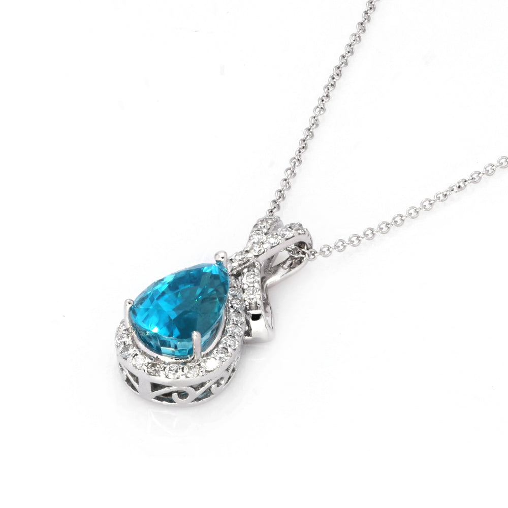 2.95 Cts Blue Zircon and White Diamond Pendant in 14K White Gold