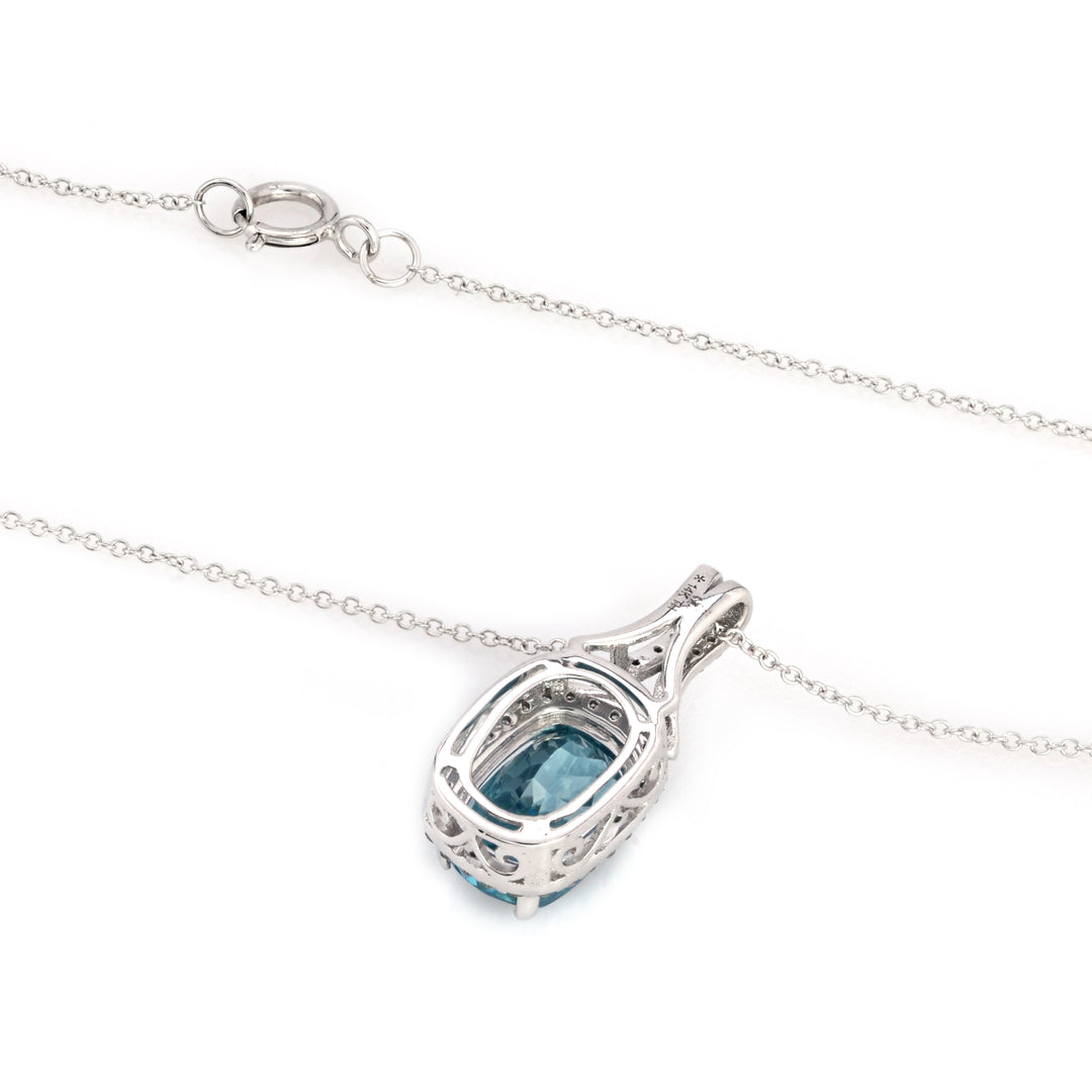 4.1 Cts Blue Zircon and White Diamond Pendant in 14K White Gold