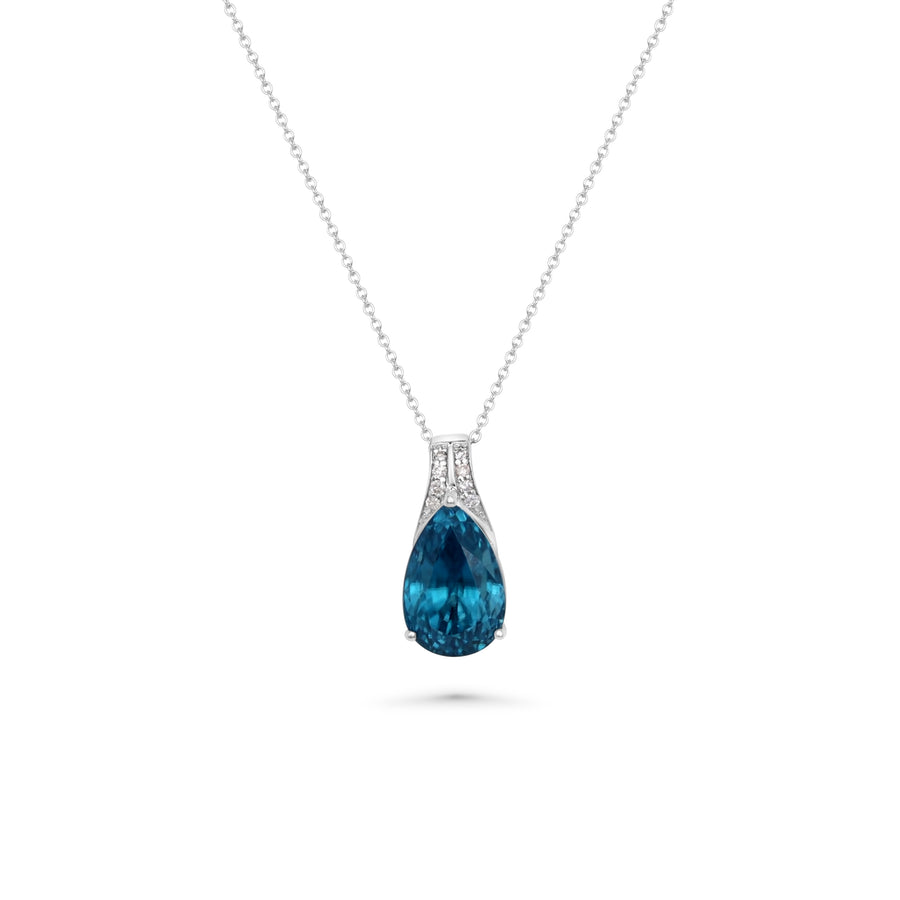 5.99 Cts Blue Zircon and White Diamond Pendant in 14K White Gold