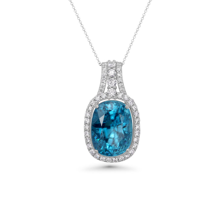 25.46 Cts Blue Zircon and White Diamond Pendant in 14K White Gold