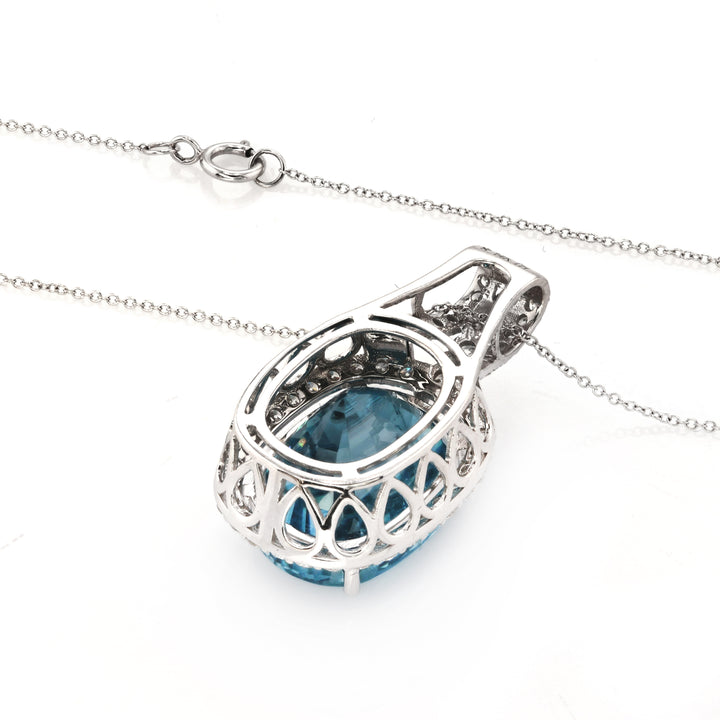 25.46 Cts Blue Zircon and White Diamond Pendant in 14K White Gold