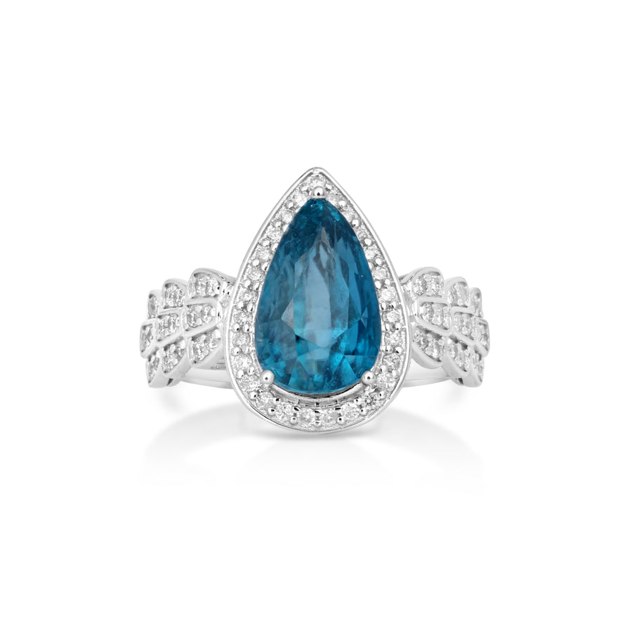6.61 Cts Blue Zircon and White Diamond Ring in 14K White Gold