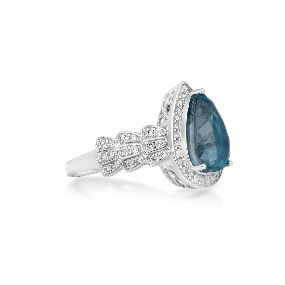 6.61 Cts Blue Zircon and White Diamond Ring in 14K White Gold