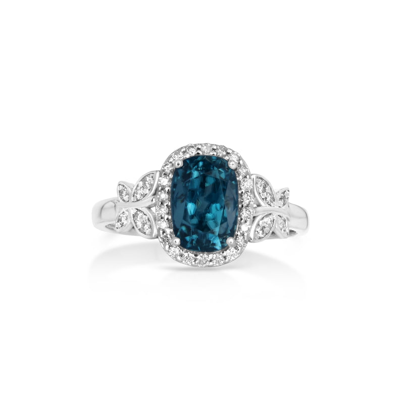 4.94 Cts Blue Zircon and White Diamond Ring in 14K White Gold