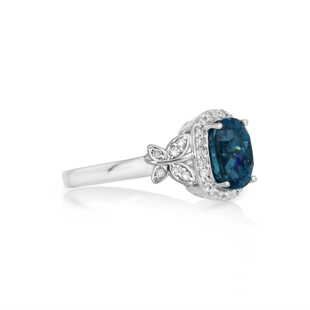 4.94 Cts Blue Zircon and White Diamond Ring in 14K White Gold
