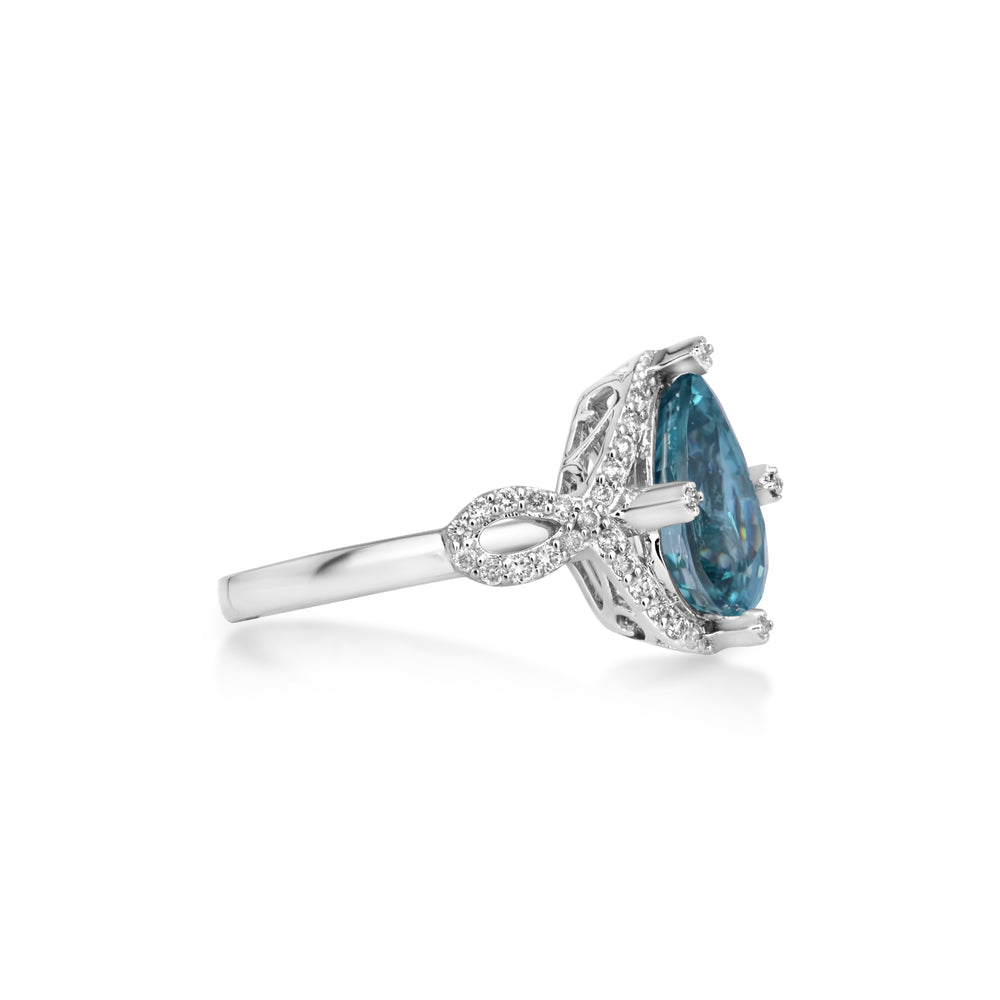 5.43 Cts Blue Zircon and White Diamond Ring in 14K White Gold