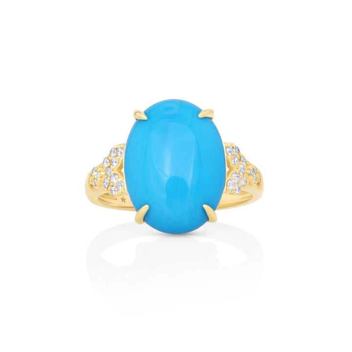 6.6 Cts Sleeping Beauty Turquoise and White Diamond Ring in 14K Yellow Gold