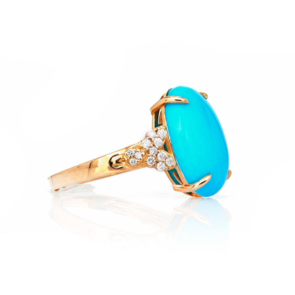 6.6 Cts Sleeping Beauty Turquoise and White Diamond Ring in 14K Yellow Gold