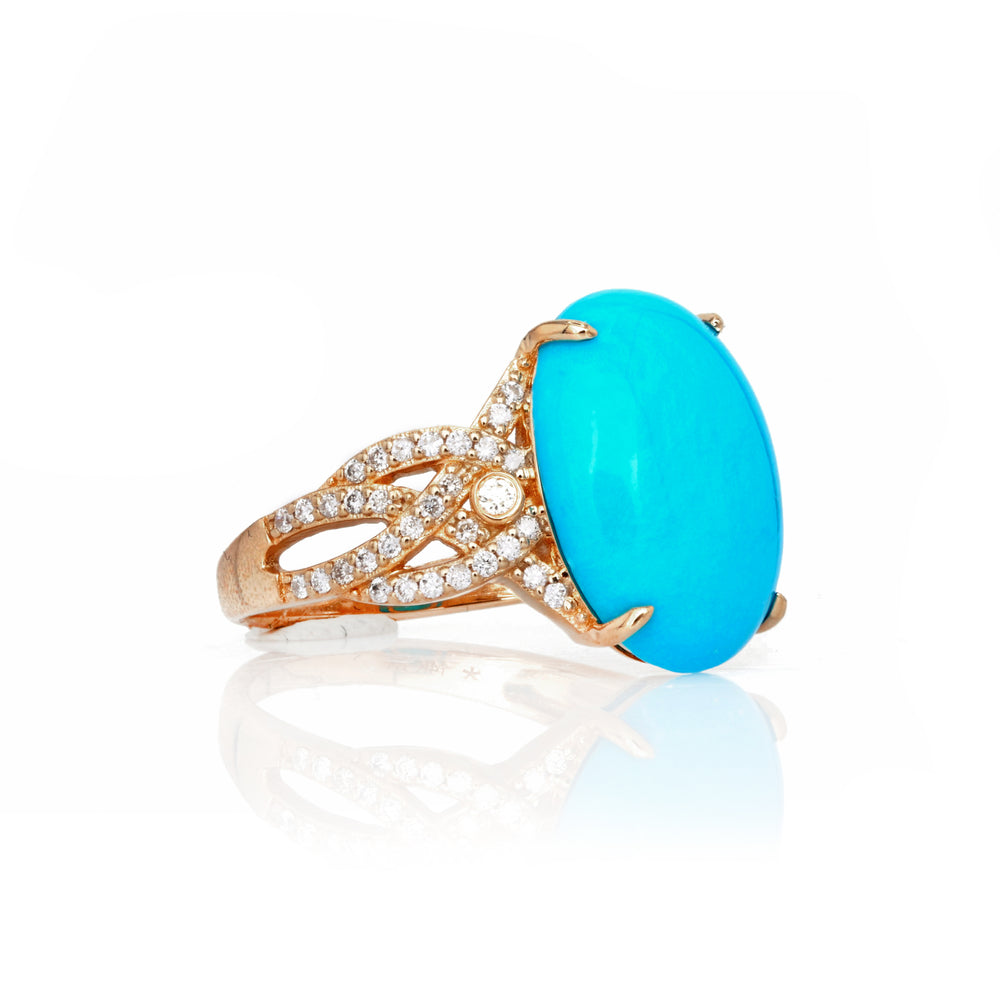 6.56 Cts Sleeping Beauty Turquoise and White Diamond Ring in 14K Yellow Gold