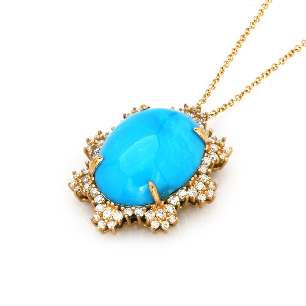 7.01 Cts Sleeping Beauty Turquoise and White Diamond Pendant in 14K Yellow Gold
