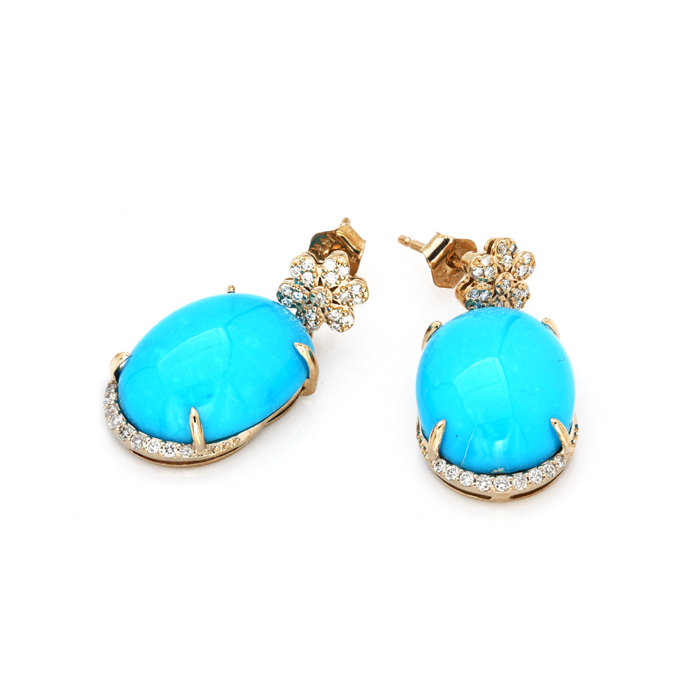 15.99 Cts Sleeping Beauty Turquoise and White Diamond Earring in 14K Yellow Gold