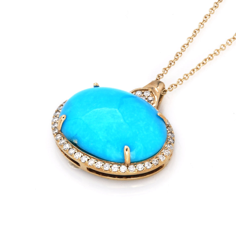 6.09 Cts Sleeping Beauty Turquoise and White Diamond Pendant in 14K Yellow Gold