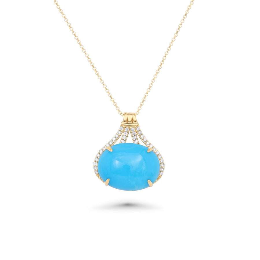7.82 Cts Sleeping Beauty Turquoise and White Diamond Pendant in 14K Yellow Gold