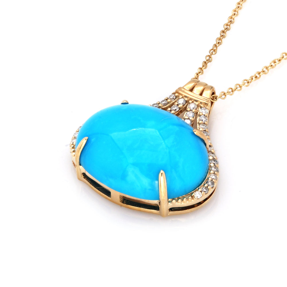 7.82 Cts Sleeping Beauty Turquoise and White Diamond Pendant in 14K Yellow Gold