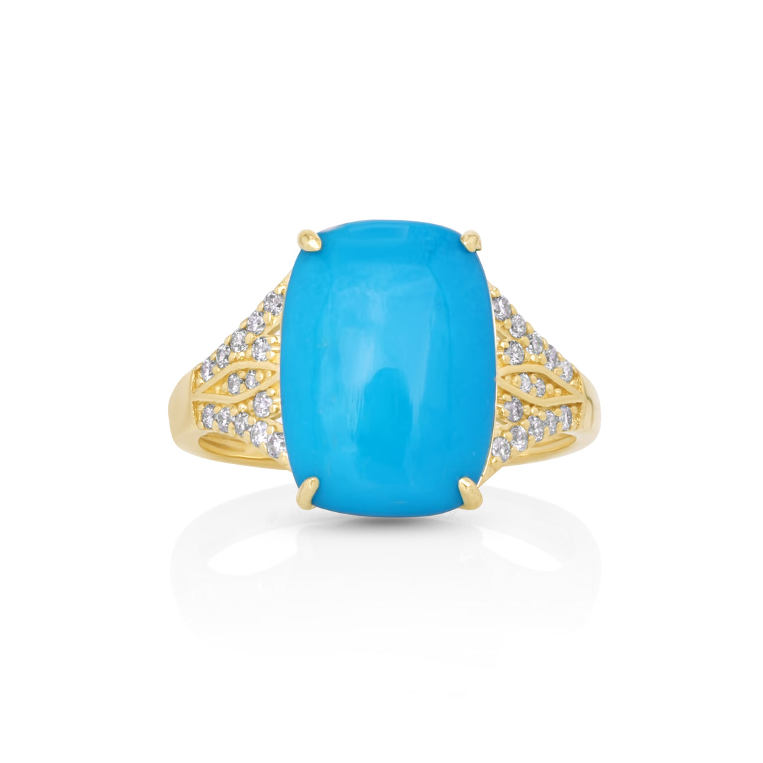 4.17 Cts Sleeping Beauty Turquoise and White Diamond Ring in 14K Yellow Gold
