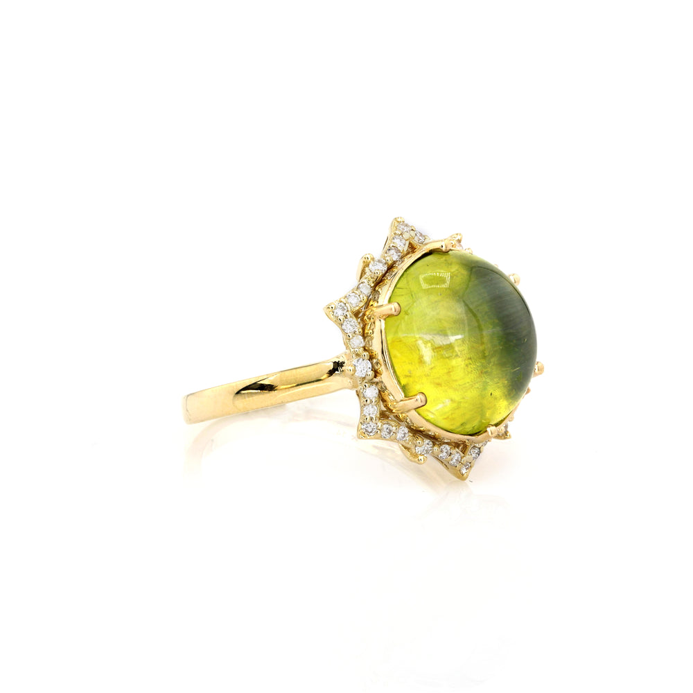 9.47 Cts Sillimanite and White Diamond Ring in 14K Yellow Gold