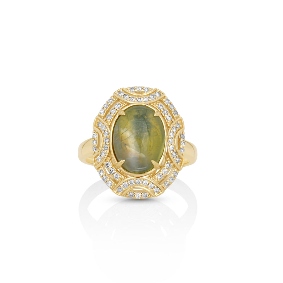 5.41 Cts Sillimanite and White Diamond Ring in 14K Yellow Gold