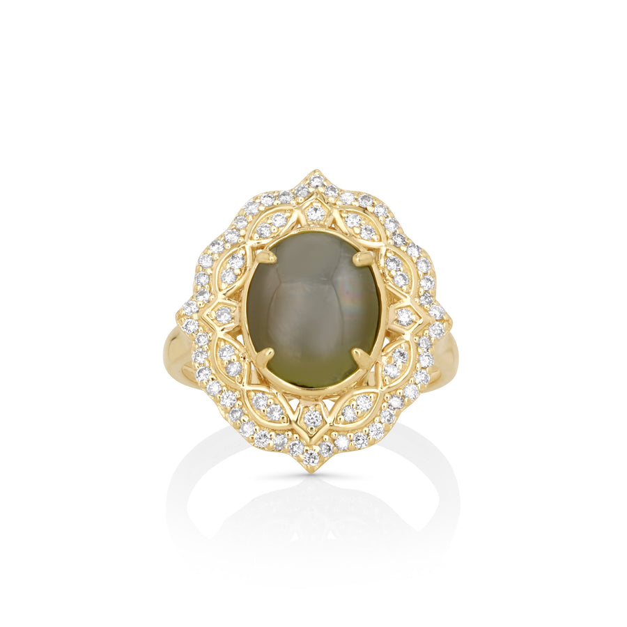 4.22 Cts Sillimanite and White Diamond Ring in 14K Yellow Gold
