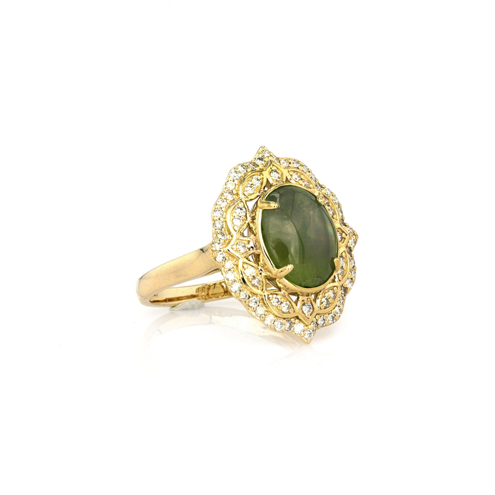 4.22 Cts Sillimanite and White Diamond Ring in 14K Yellow Gold