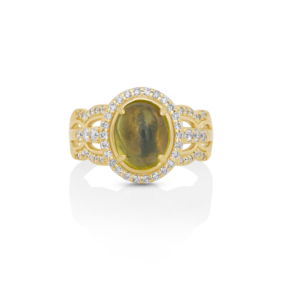4.01 Cts Sillimanite and White Diamond Ring in 14K Yellow Gold