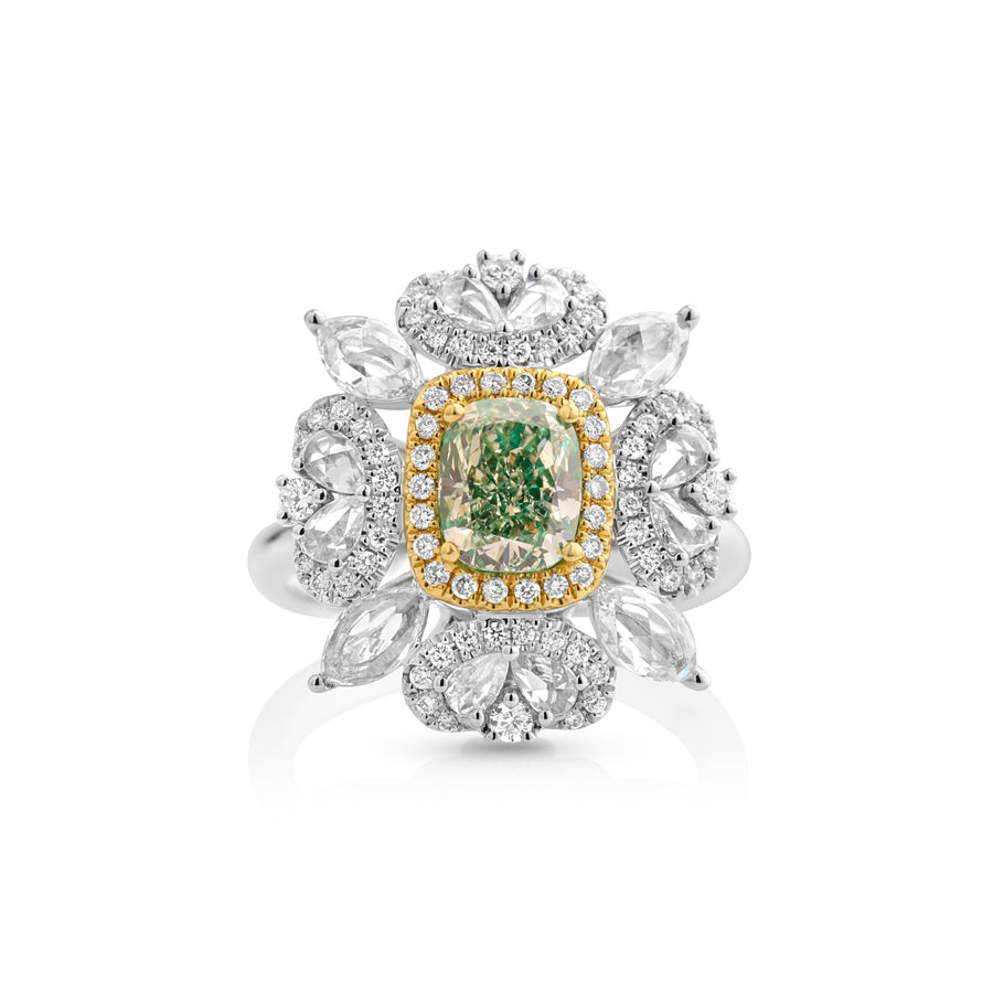 1.36 Cts Green Diamond and White Diamond Ring in 18K Two Tone