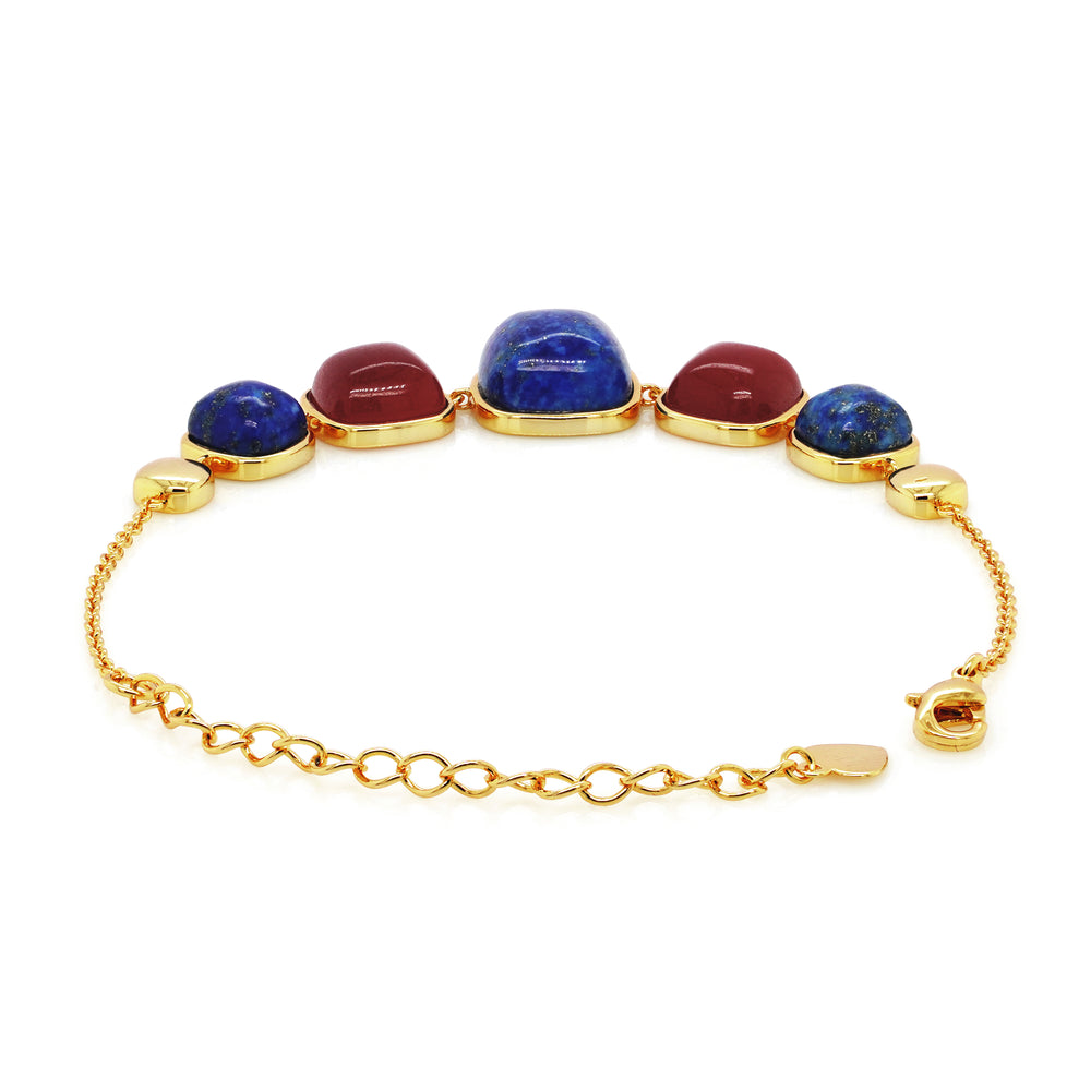 Lapis Lazuli and Ruby Colored Beryl 5 Stone Bracelet in Brass