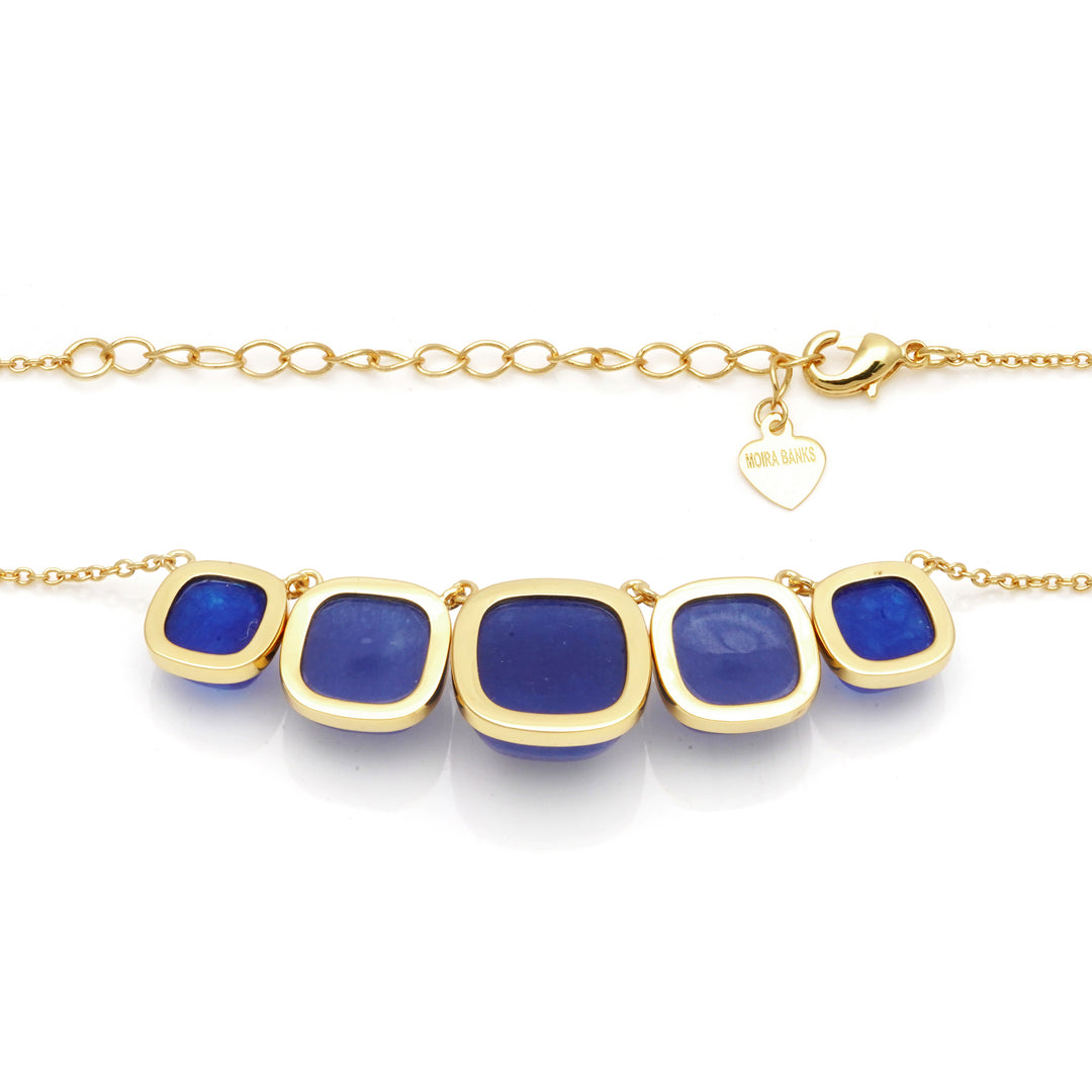 Sapphire Colored Beryl 5 Stone Necklace in Brass