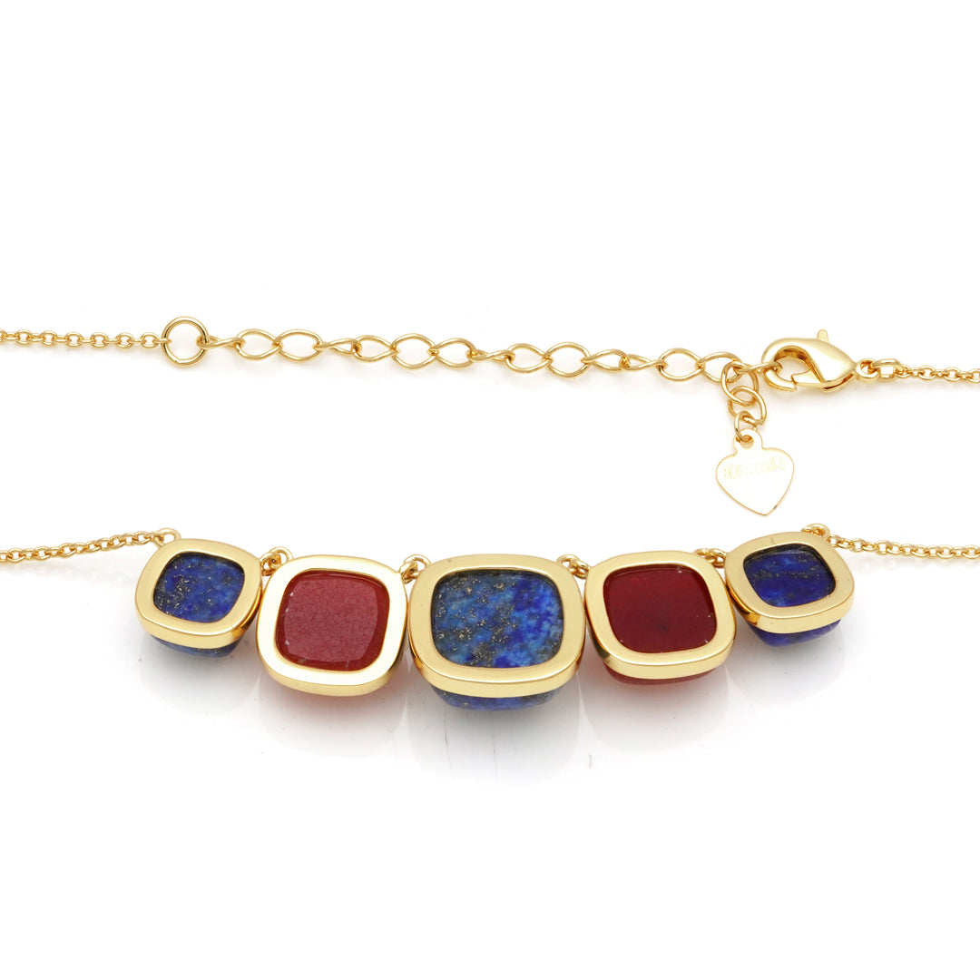 Lapis Lazuli and Ruby Colored Beryl 5 Stone Necklace in Brass