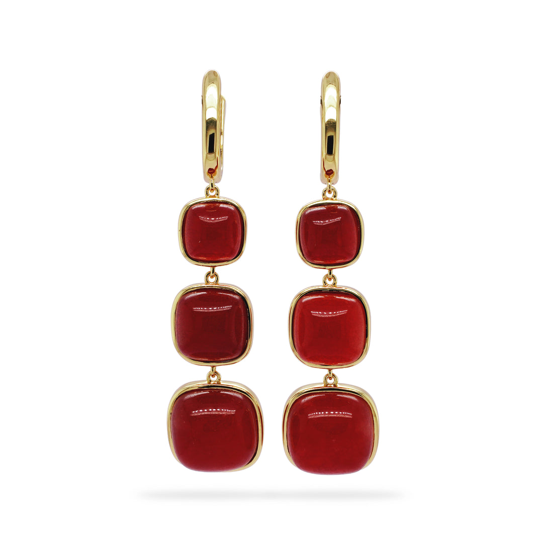 Ruby Colored Beryl 3 Stone Earring in Brass