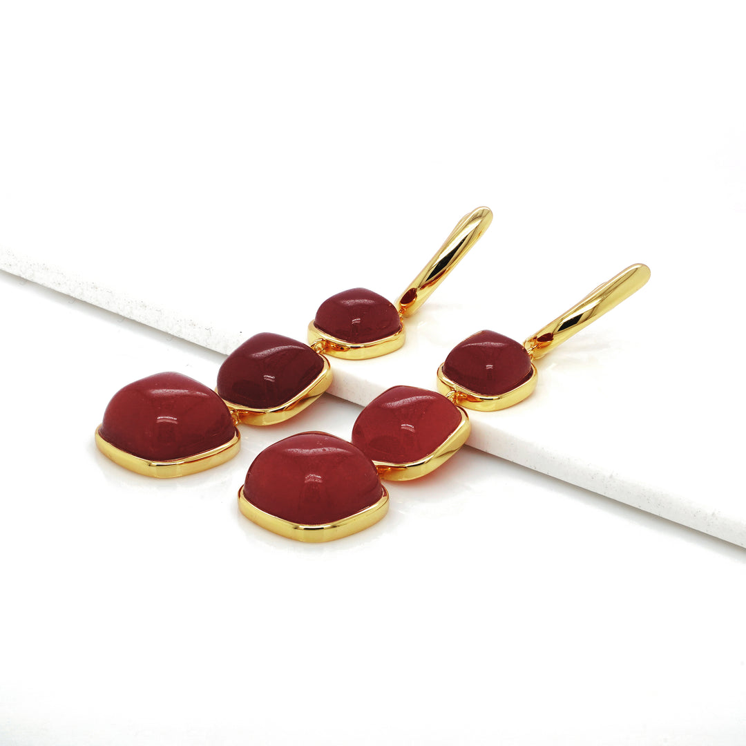 Ruby Colored Beryl 3 Stone Earring in Brass