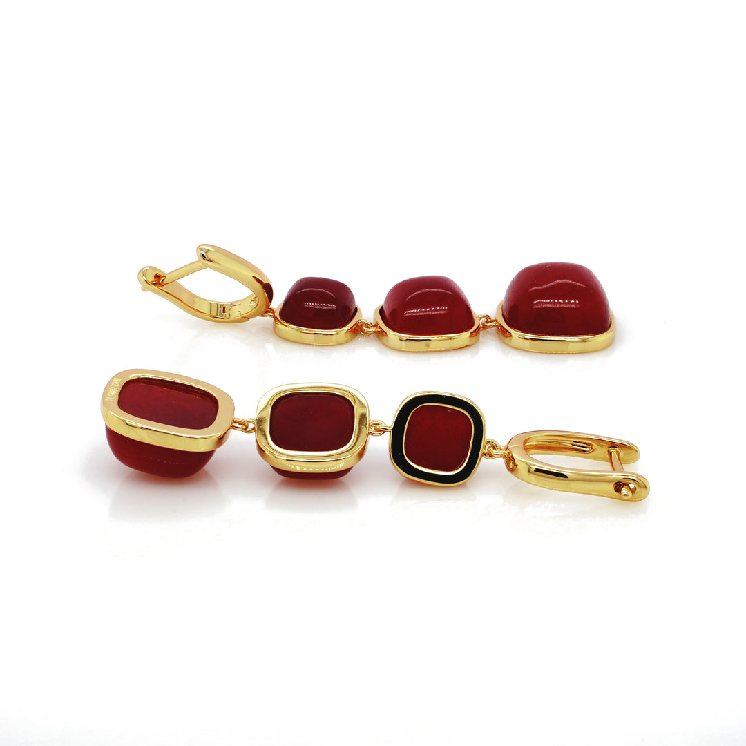 Ruby Colored Beryl 3 Stone Earring in Brass