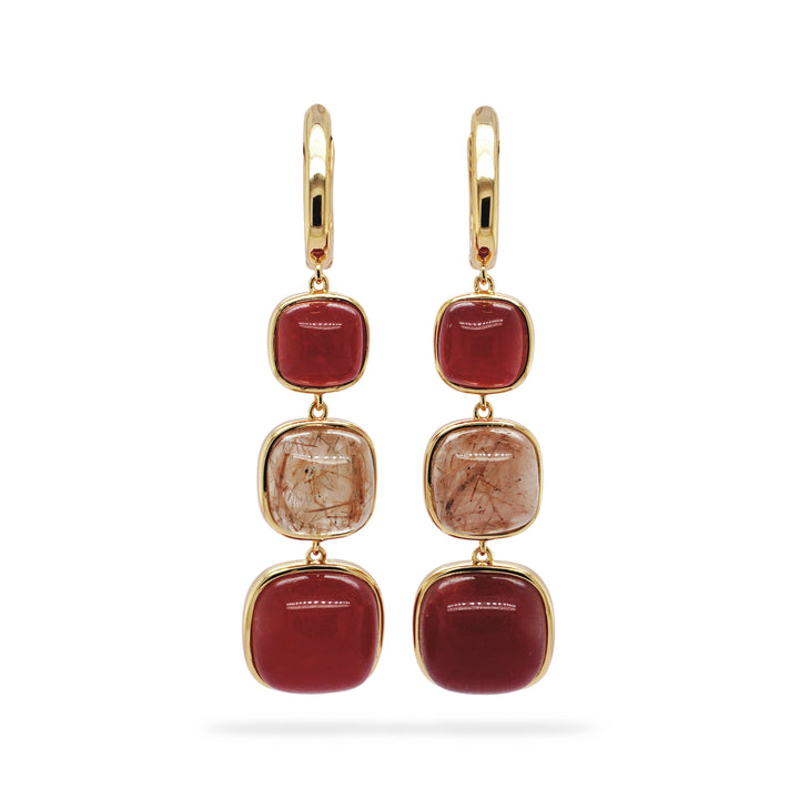 Ruby Colored Beryl and Golden Rutile 3 Stone Earring in Brass