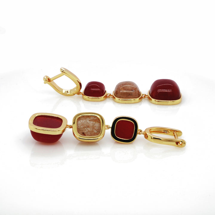 Ruby Colored Beryl and Golden Rutile 3 Stone Earring in Brass